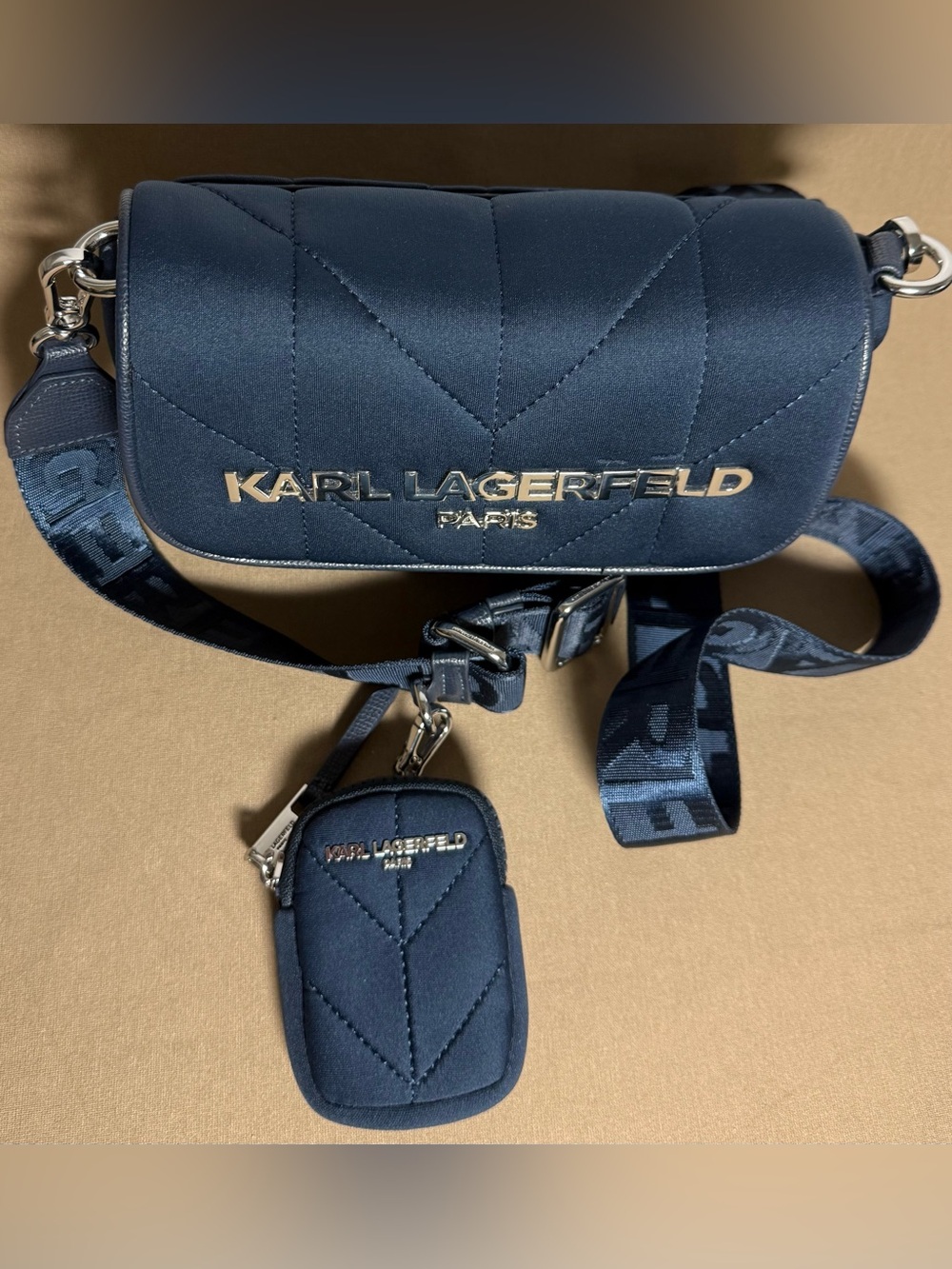Karl Lagerfeld Navy Quilted Crossbody with Branded Strap and Pouch - Picture 2 of 7